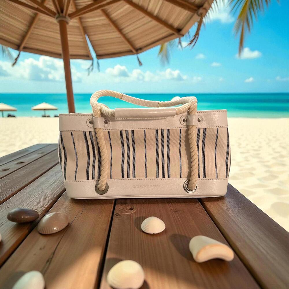 Burberry Striped Canvas & Leather Tote Bag – Designer